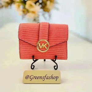 Michael kors carmen trifold wallet leather grapefruit new